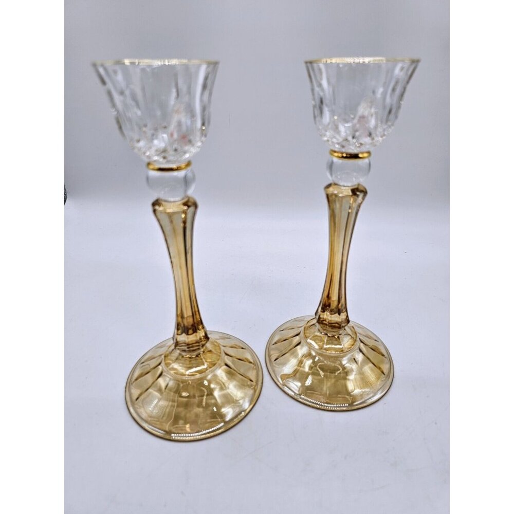 Elegant Yellow And Clear Pair Crystal Candlestick Holders Vintage Holidays Boho - Picture 2 of 10